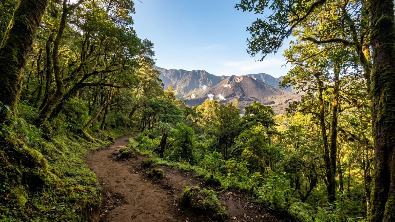 Dramatic volcanic landscape with hiking trails and lush vegetation under a clear sky in Tenerife