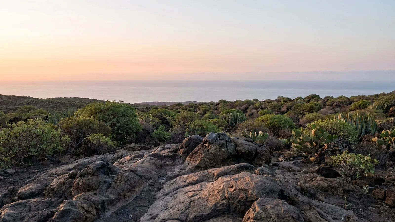 Serene volcanic landscape with a distant ocean view at sunrise, illustrating a peaceful Tenerife retreat setting