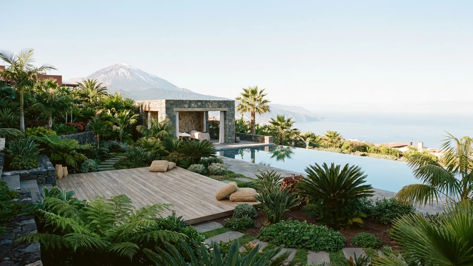 Serene view of Mount Teide from a lush tropical garden in Tenerife